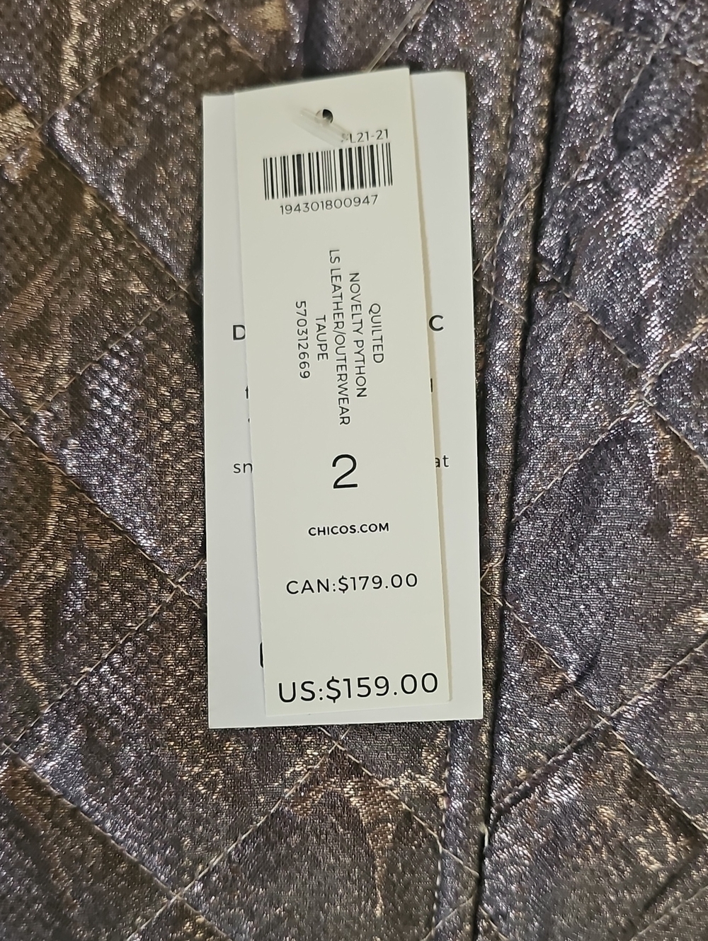 NWT Chico's Women's Quilted Metallic Python Snake Print Jacket - Picture 5 of 13